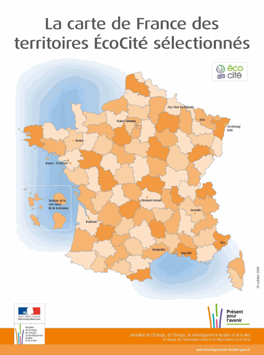 carte des écocités sélectionnés en 2009